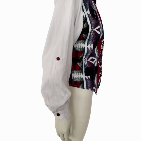 Vintage 1980s Tapestry Roll Tab Sleeve Button Down Faux Vest Shirt - Picture 6 of 15